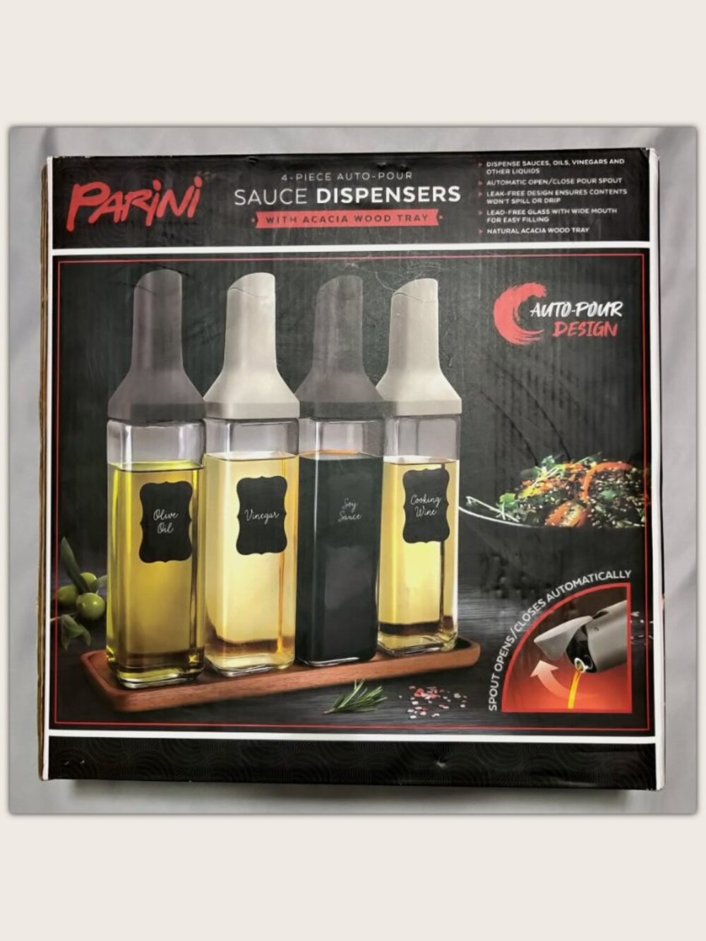Auto-Pour Sauce Dispensers by Parini 4 Glass Bottles + Wood Tray Oil Vinegar Soy